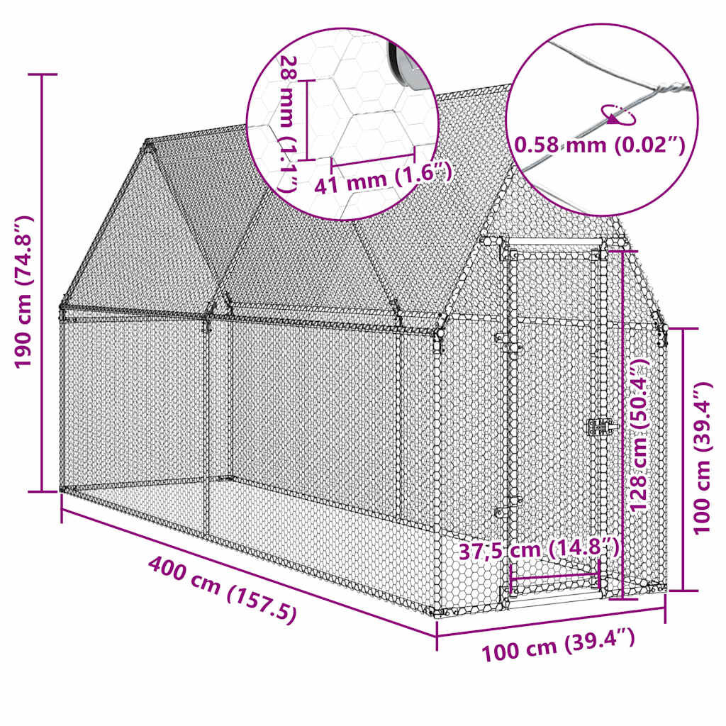 vidaXL Κοτέτσι - Κλουβί Ασημί 400x100x190 εκ. από Γαλβανισμένο Χάλυβα