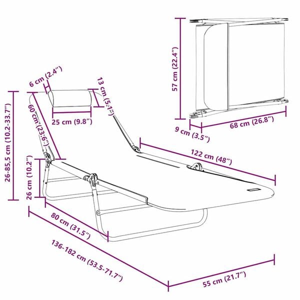 vidaXL Πτυσσόμενη ξαπλώστρα Ναυτικό μπλε 182 x 55 x 85.5 εκ. Textilene