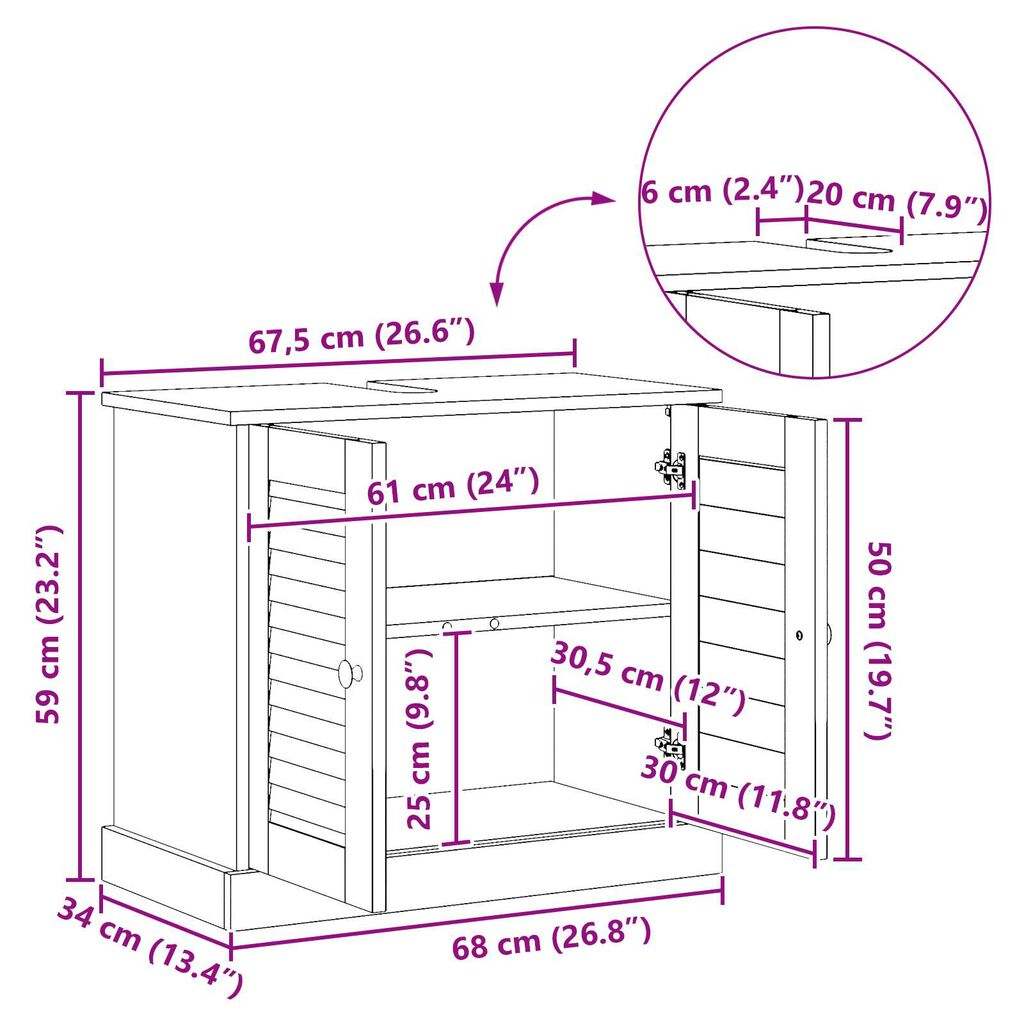 vidaXL Ντουλάπι Νιπτήρα 'VIGO' με Πόρτες 67.5x34x59 cm Σταθερού Ξύλου Πεύκου