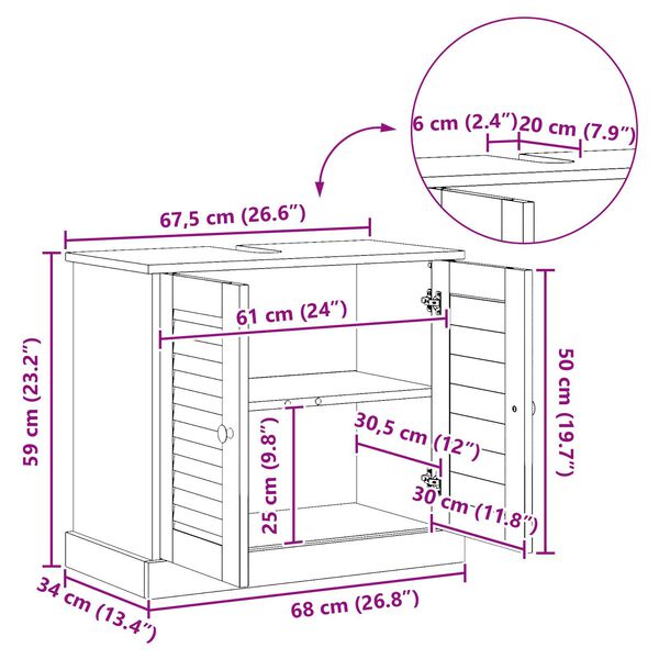 vidaXL Ντουλάπι Νιπτήρα 'VIGO' με Πόρτες 67.5x34x59 cm Σταθερού Ξύλου Πεύκου
