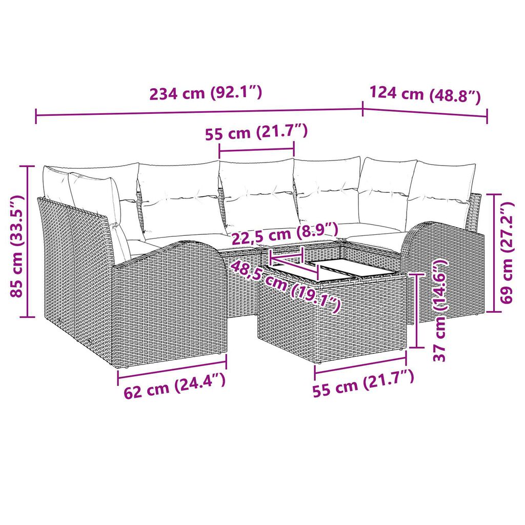 vidaXL Σετ Καναπέ Κήπου 7 pcs Μαύρο 55 x 55 x 37 εκ Πολυ ράταν