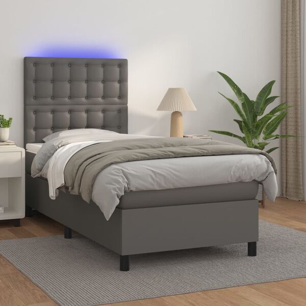 vidaXL Κρεβάτι Boxspring με Στρώμα & LED Γκρι 90x190 εκ. Συνθ. Δέρμα