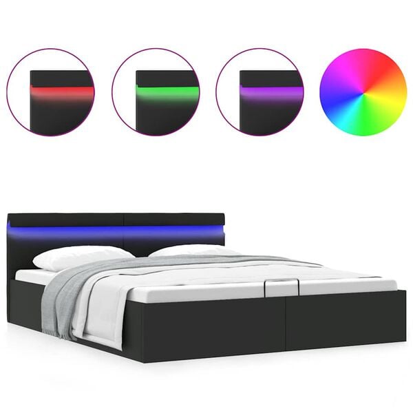 vidaXL Πλαίσιο Κρεβατιού Αποθ. Χώρο/LED Μαύρο 180x200 εκ. Δερματίνη