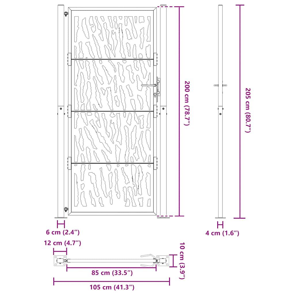 vidaXL Πύλη κήπου Μαύρη 105x205 cm Ατσάλινο σχέδιο ίχνους