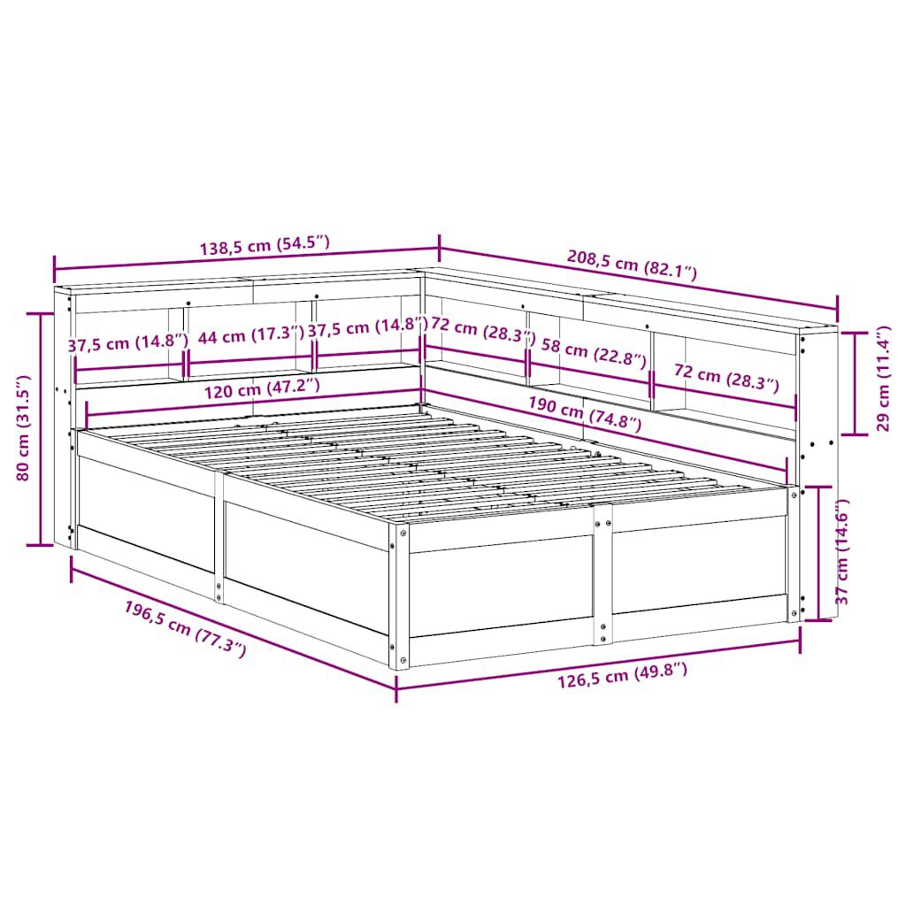 vidaXL Κρεβάτι Βιβλιοθήκη Χωρίς Στρώμα 120x190 εκ Μασίφ Ξύλο Πεύκου