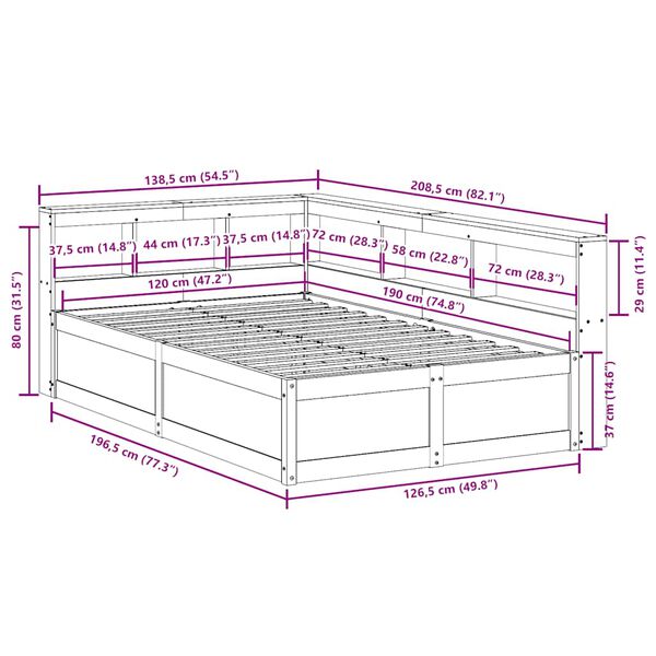 vidaXL Κρεβάτι Βιβλιοθήκη Χωρίς Στρώμα 120x190 εκ Μασίφ Ξύλο Πεύκου
