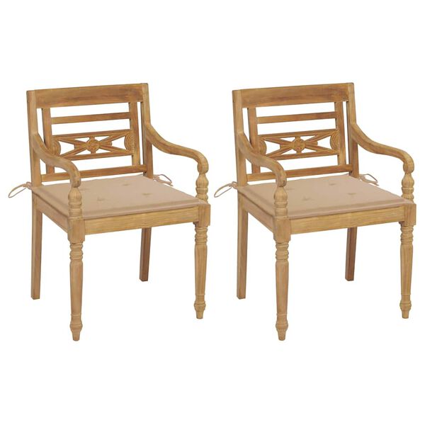 vidaXL Καρέκλες Batavia 2 τεμ. από Μασίφ Ξύλο Teak με Μπεζ Μαξιλάρια