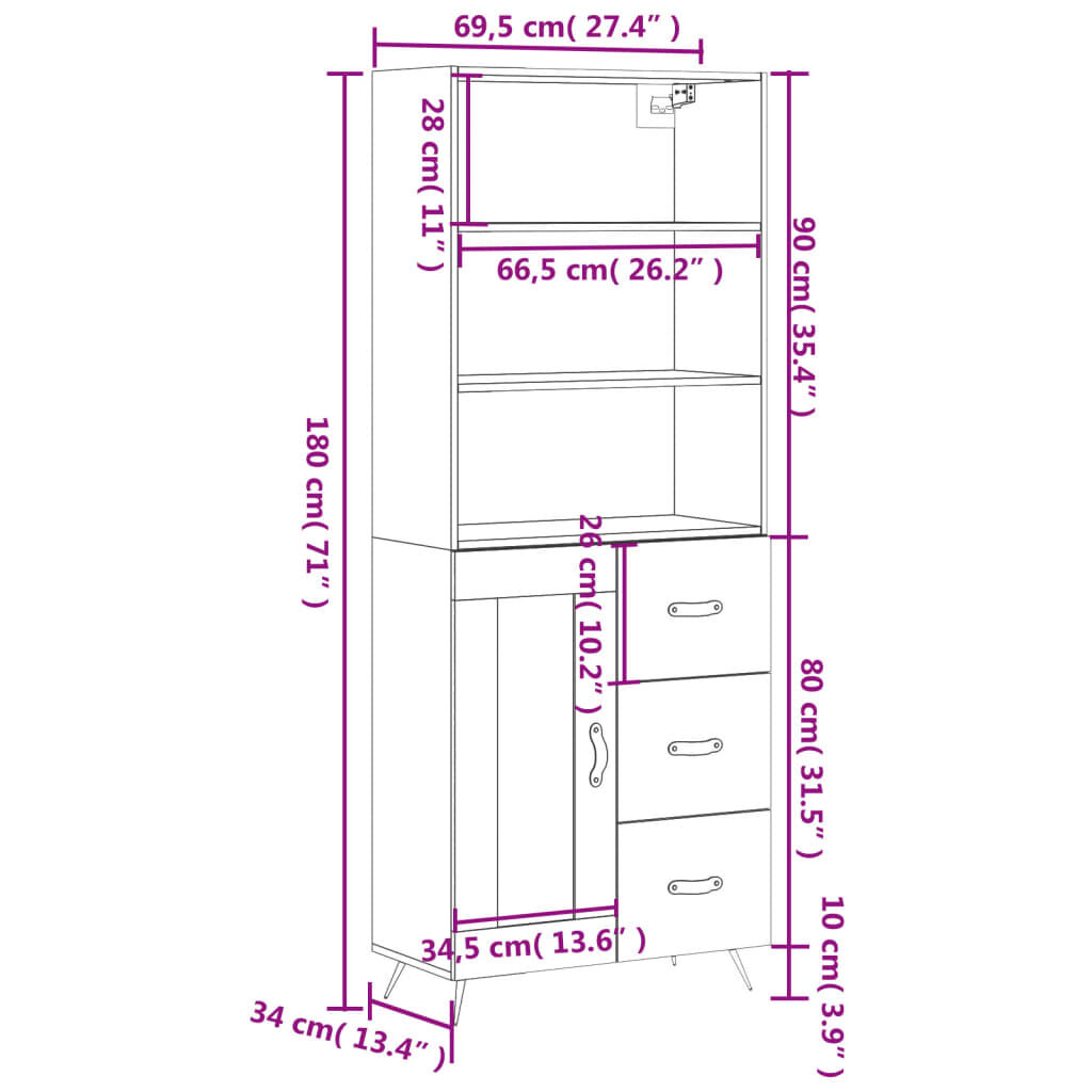 vidaXL Ντουλάπι Λευκό 69,5x34x180 εκ. από Επεξεργασμένο Ξύλο