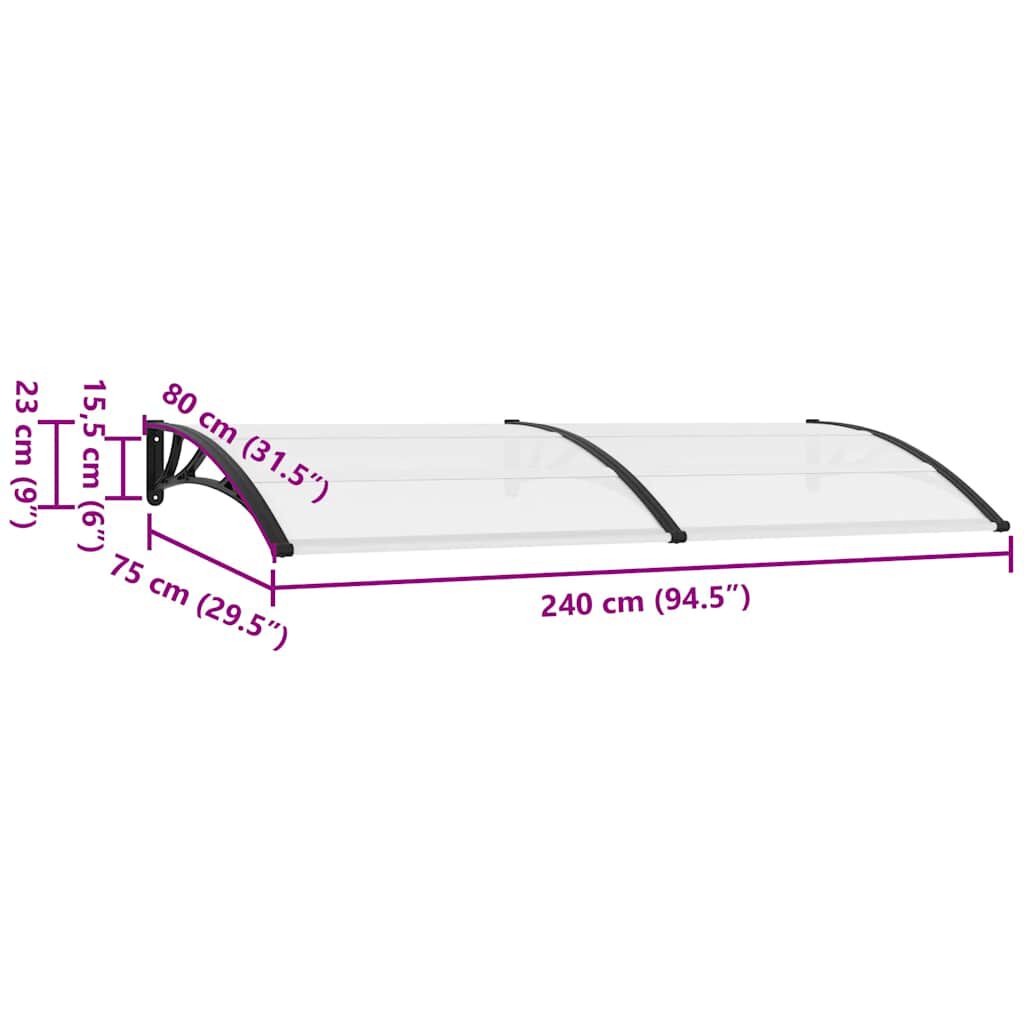 vidaXL Στέγαστρο Πόρτας Μαύρο / Διαφανές 240 x 75 εκ. Πολυανθρακικό