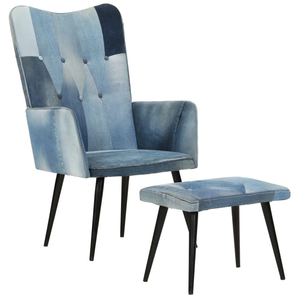 vidaXL Πολυθρόνα Μπλε Denim Patchwork από Καραβόπανο με Υποπόδιο