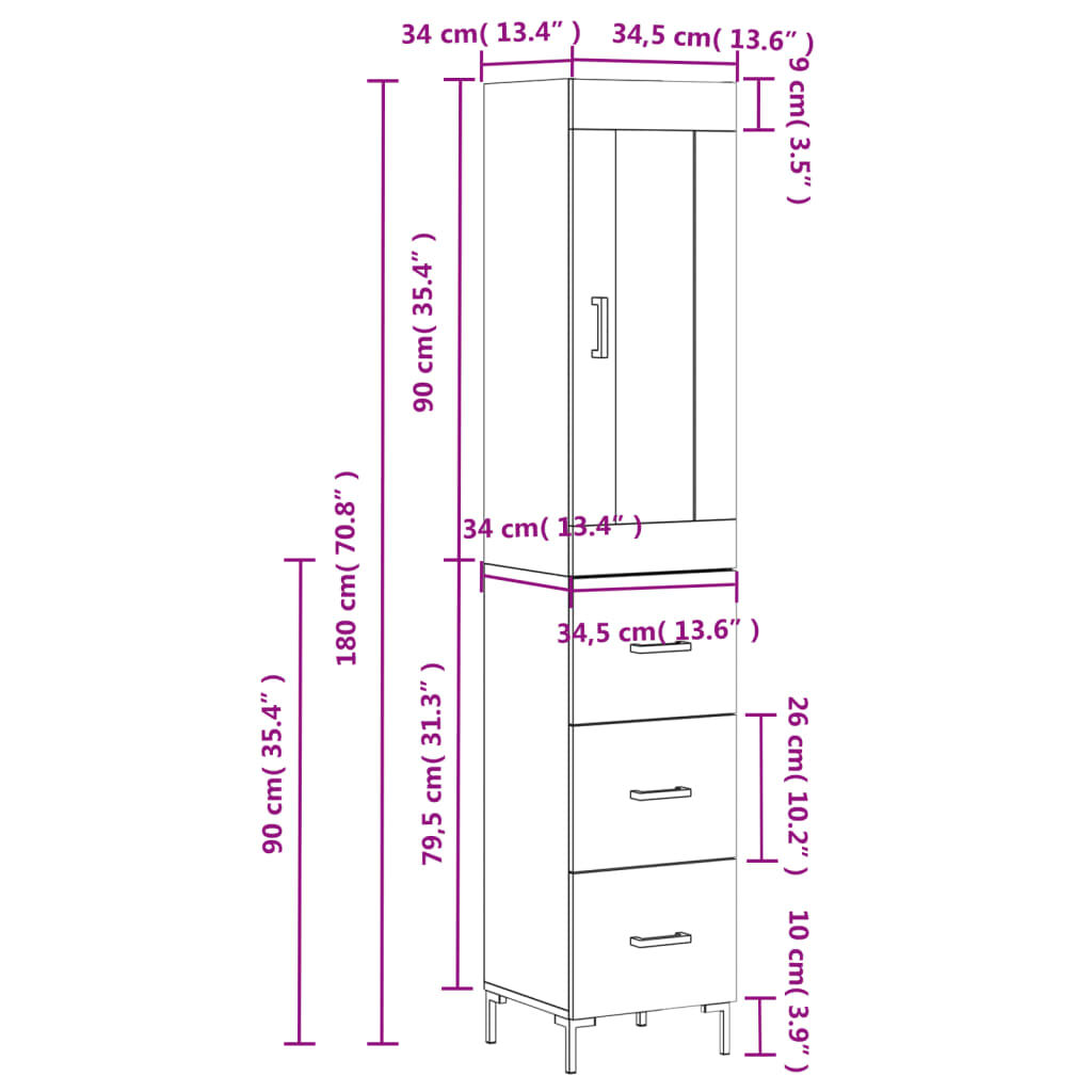 vidaXL Μπουφές Sonoma δρυς 34,5 x 34 x 180 εκ. από Επεξεργασμένο Ξύλο