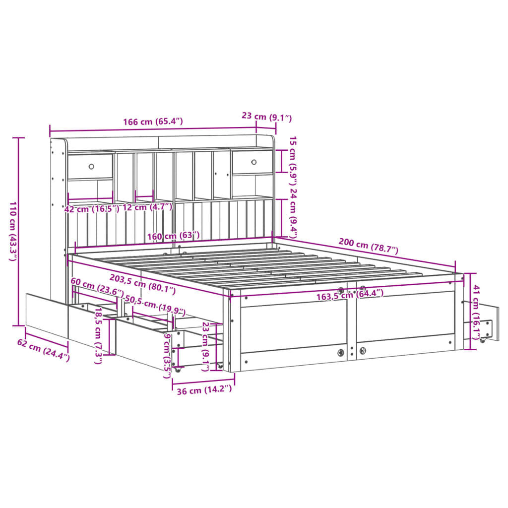 vidaXL Κρεβάτι Βιβλιοθήκη Χωρίς Στρώμα 160x200 εκ Μασίφ Ξύλο Πεύκου