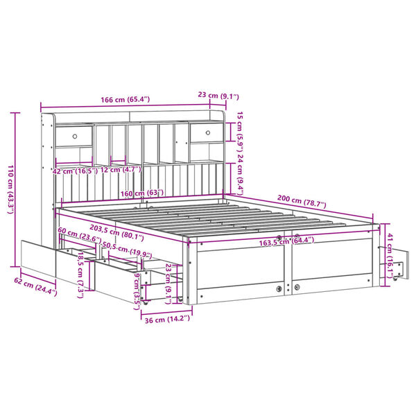 vidaXL Κρεβάτι Βιβλιοθήκη Χωρίς Στρώμα 160x200 εκ Μασίφ Ξύλο Πεύκου