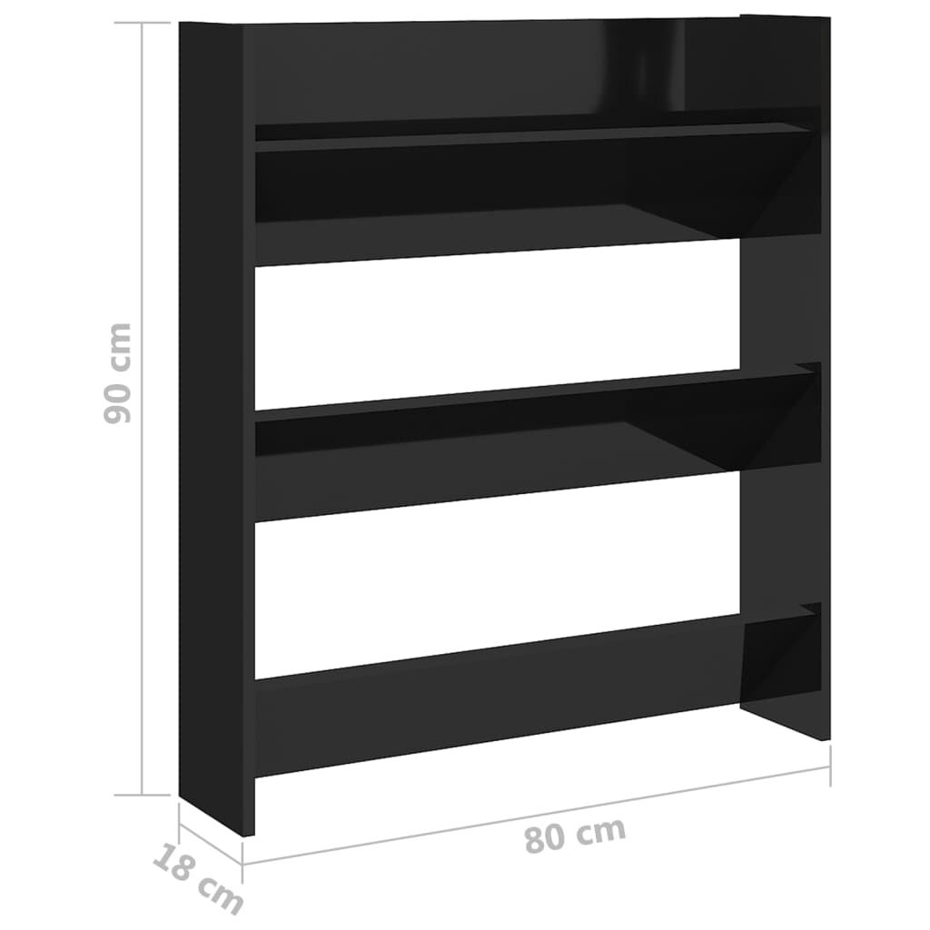 vidaXL Παπουτσοθήκη Τοίχου Γυαλ. Μαύρο 80 x 18 x 90 εκ. Επεξ. Ξύλο