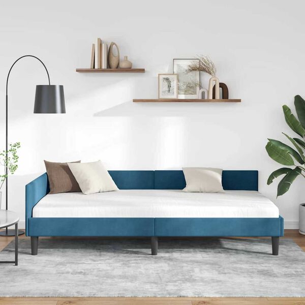 vidaXL Πλαϊνό Κρεβάτι Μπλε 90 x 200 cm Βελούδο και Στιβαρή ξυλεία