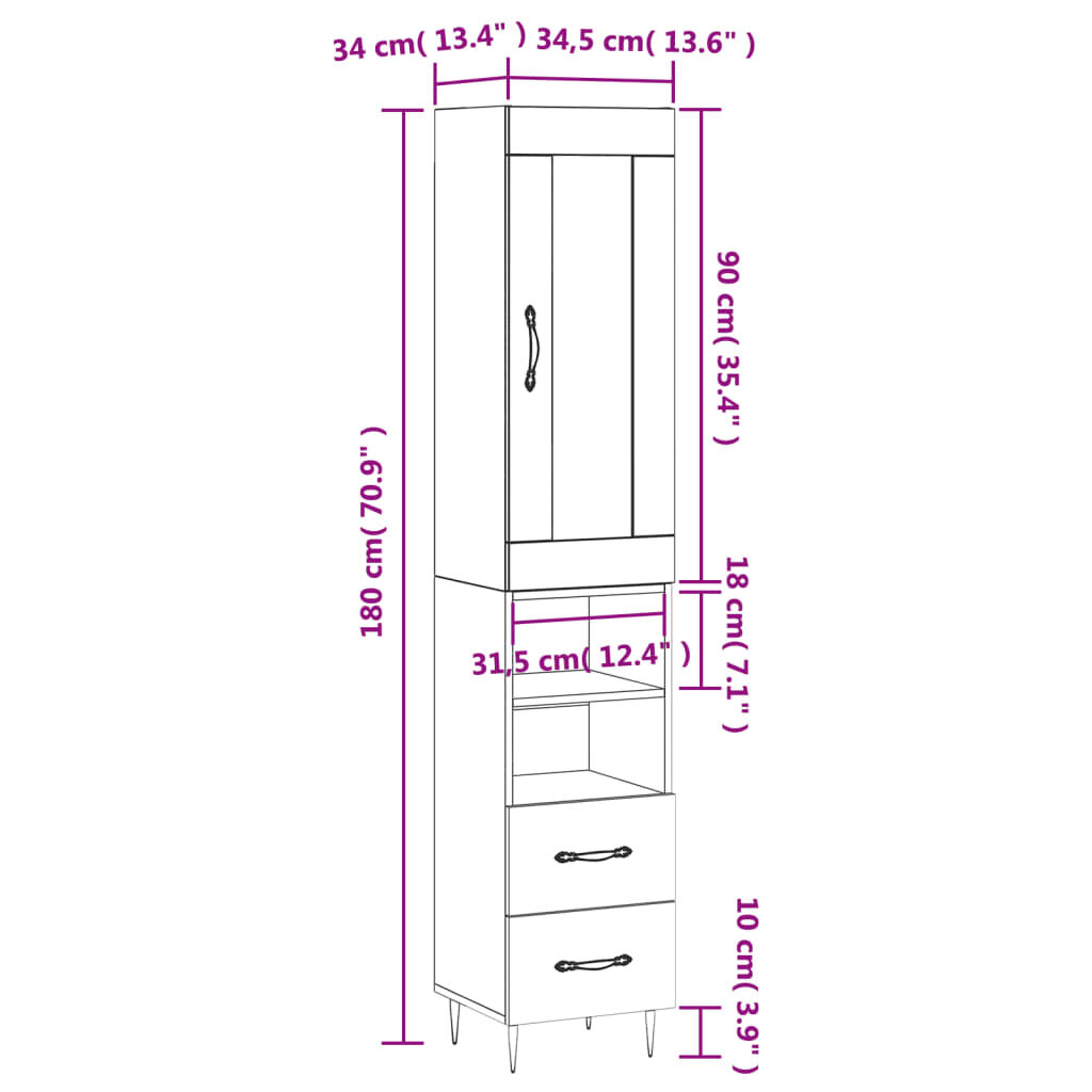 vidaXL Ντουλάπι Γκρι Σκυροδέματος 34,5x34x180 εκ. Επεξεργασμένο Ξύλο
