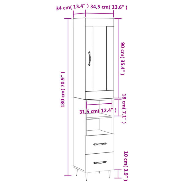 vidaXL Ντουλάπι Γκρι Σκυροδέματος 34,5x34x180 εκ. Επεξεργασμένο Ξύλο