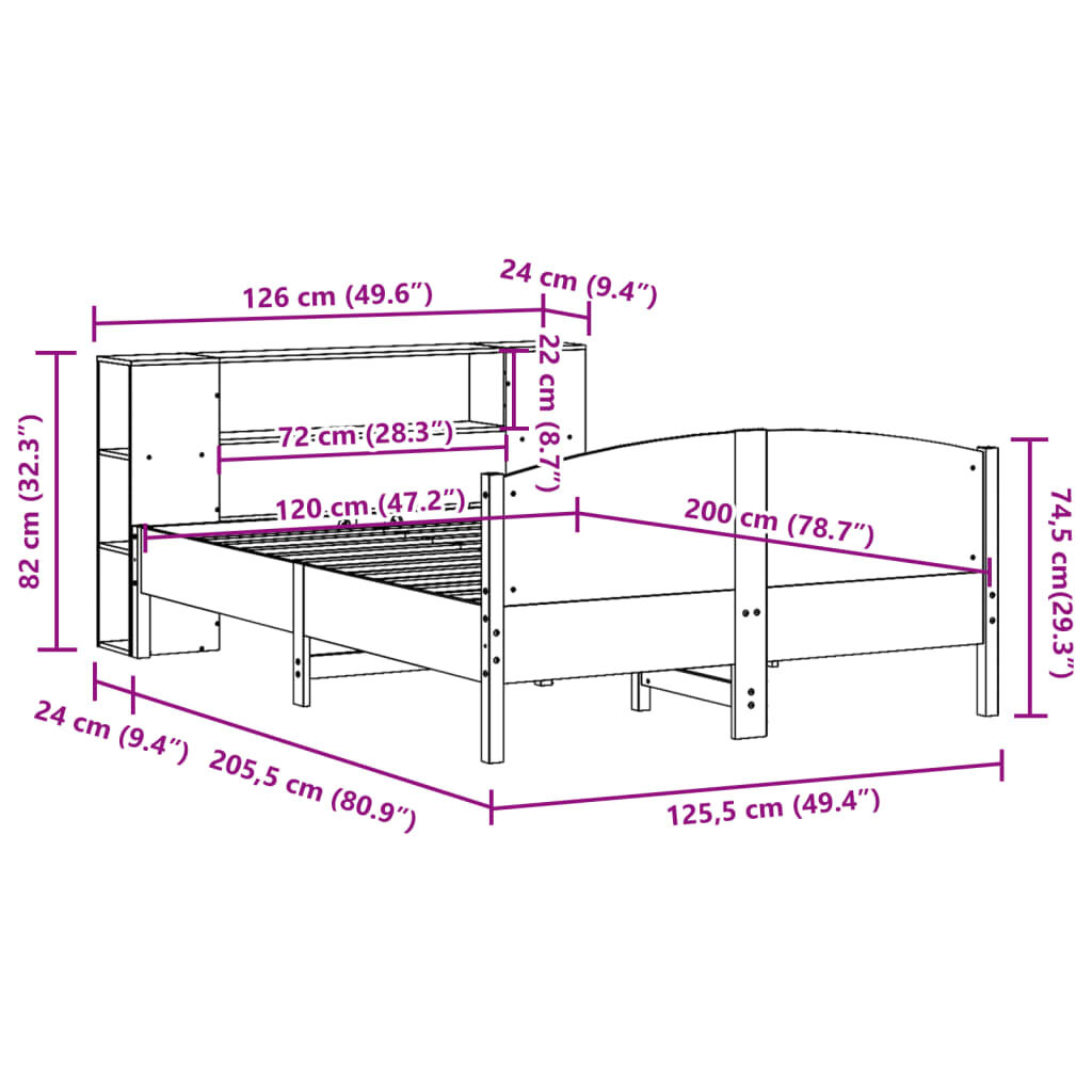 vidaXL Κρεβάτι Βιβλιοθήκη Χωρίς Στρώμα 120x200 εκ Μασίφ Ξύλο Πεύκου