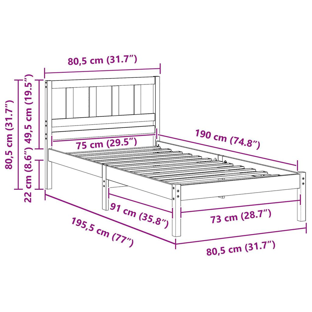 vidaXL Σκελετός Κρεβατιού Καφέ κεριού 75 x 190 cm Συμπαγές ξύλο πεύκου