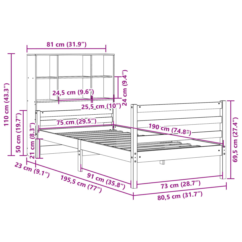 vidaXL Κρεβάτι Βιβλιοθήκη Χωρίς Στρώμα 75x190 εκ Μασίφ Ξύλο Πεύκο