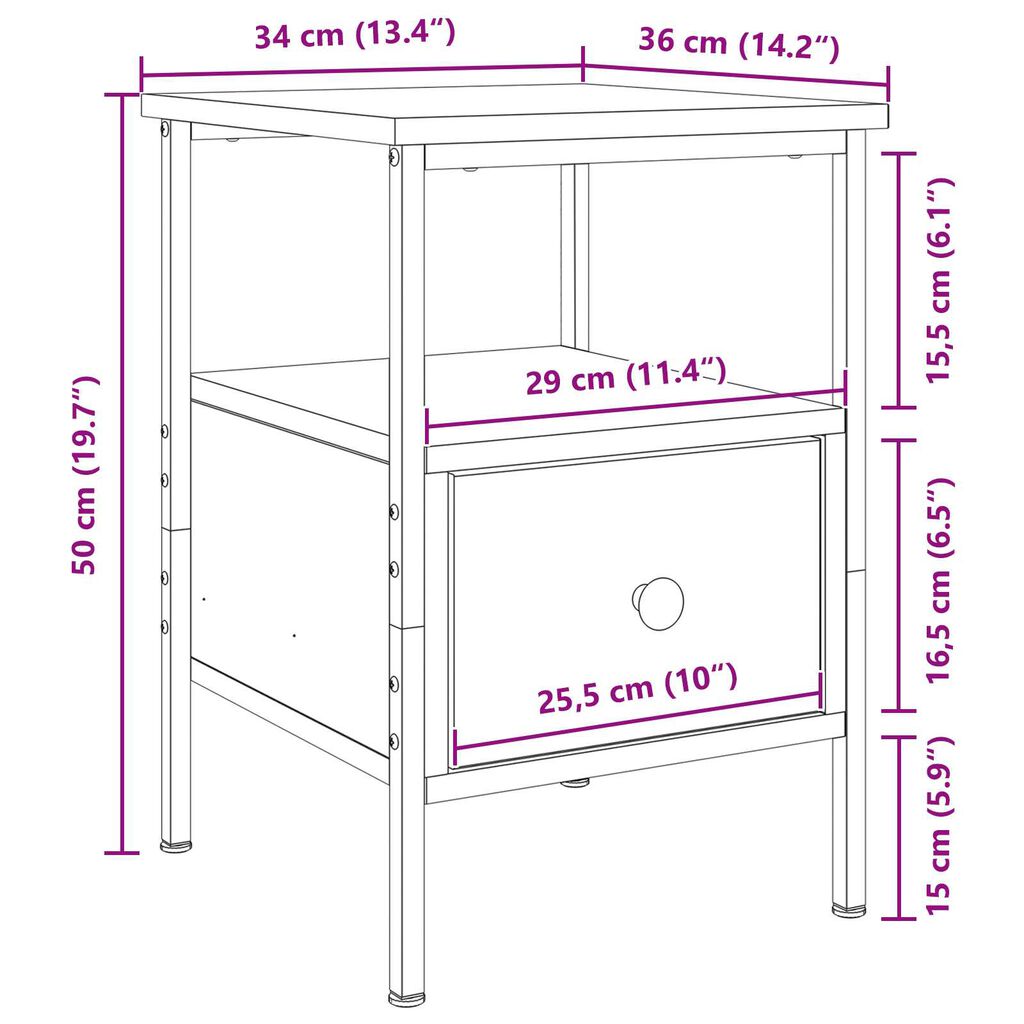 vidaXL Κομοδίνο Μαύρο Δρυς 34x36x50 εκ Επεξεργασμένο Ξύλο και Χάλυβας