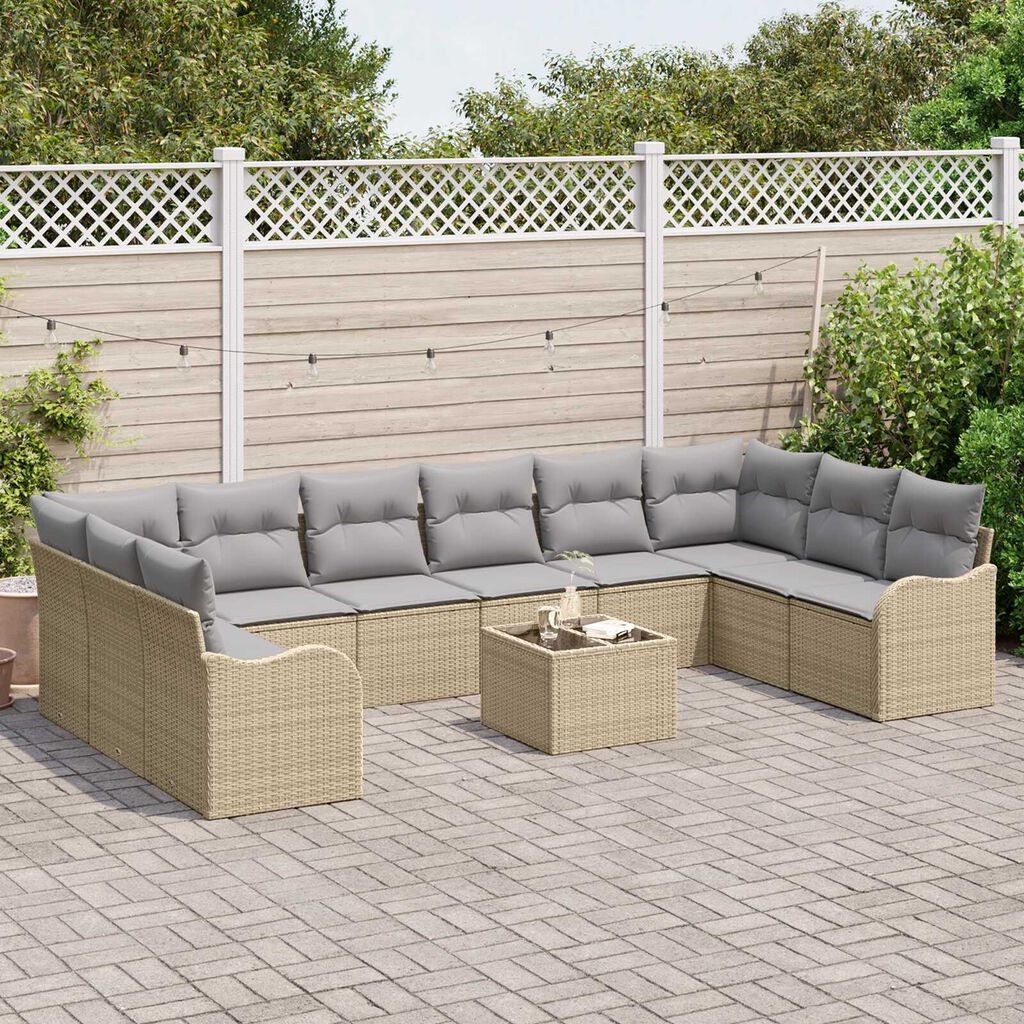 vidaXL Σετ Καναπέ Κήπου με μαξιλάρι 11 pcs Μπεζ Πολυ ράταν