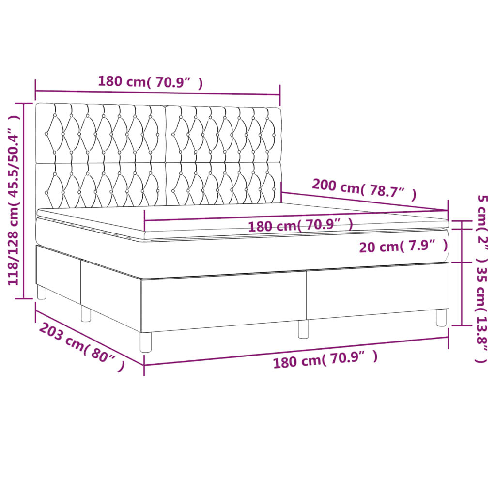 vidaXL Κρεβάτι Boxspring με Στρώμα & LED Μπλε 180x200 εκ. Υφασμάτινο