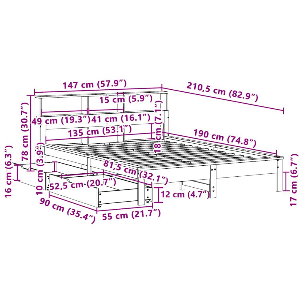 vidaXL Κρεβάτι Βιβλιοθήκη Χωρίς Στρώμα Λευκό 135x190 εκ Μασίφ Πεύκο