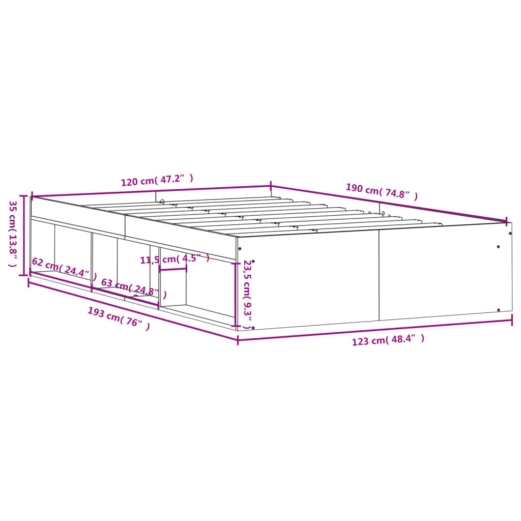vidaXL Πλαίσιο Κρεβατιού Sonoma Δρυς 120 x 190 εκ. Small Double