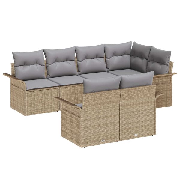 vidaXL Σετ Καναπέ Κήπου με μαξιλάρι 7 pcs Μπεζ Πολυ ράταν