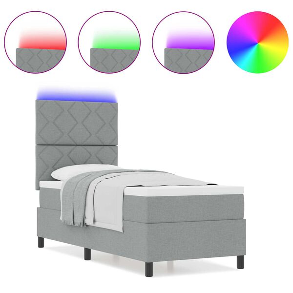 vidaXL Κρεβάτι με ελατήρια, στρώμα & LED φως , ανοικτό γκρι, 80 x 200 cm, υφασμάτινο