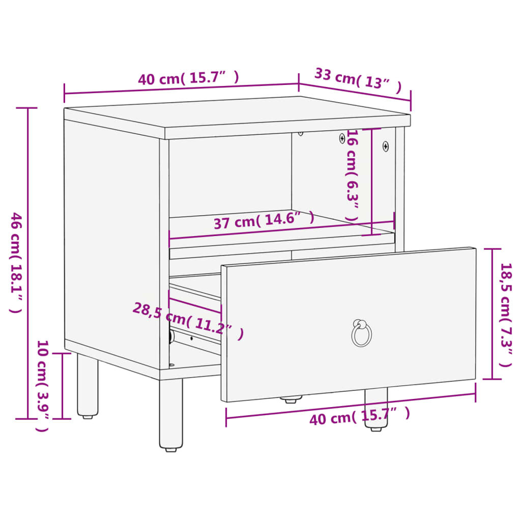 vidaXL Κομοδίνο 40 x 33 x 46 εκ. από Μασίφ Ξύλο Μάνγκο