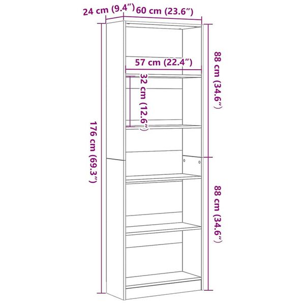 vidaXL Βιβλιοθήκη Μαύρη δρυς 60 x 24 x 176 εκ Επεξεργασμένο ξύλο