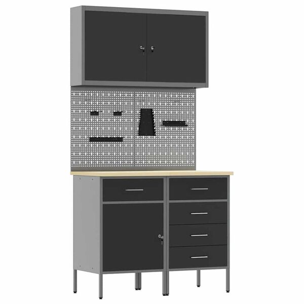 vidaXL Πάγκος εργασίας με συρτάρι 5 pcs Μαύρο 100 x 55 x 200 εκ Ατσάλι