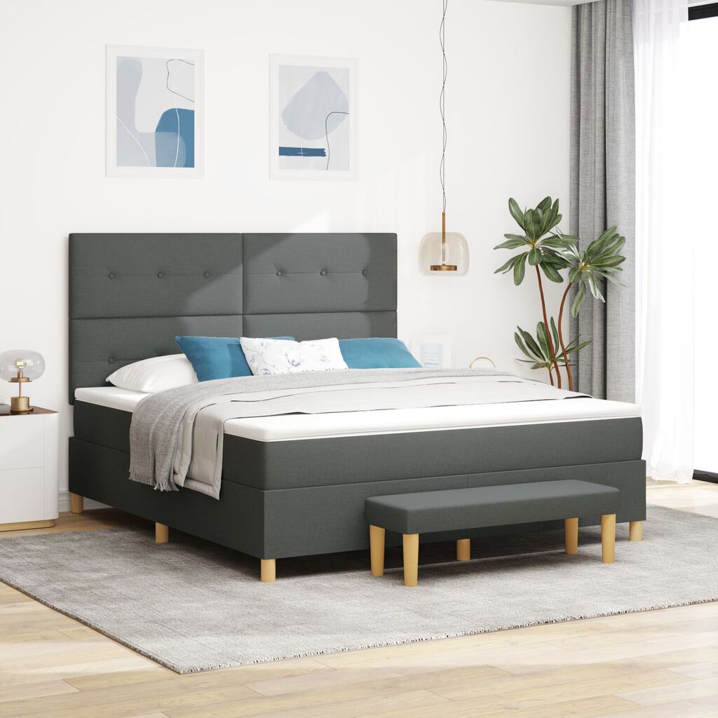 vidaXL Box Spring Κρεβάτι με Στρώμα & Πάγκο Σκούρο Γκρι 180x200 εκ. Ύφασμα