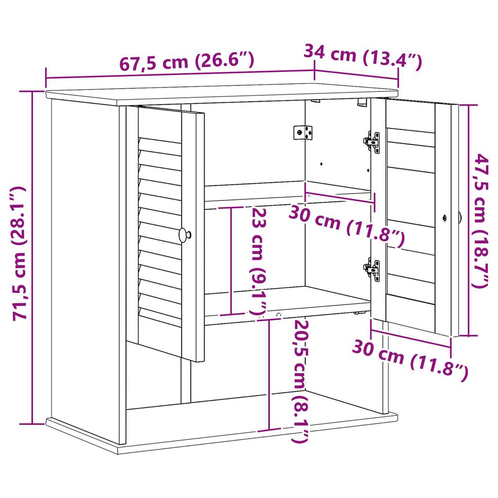 vidaXL Κρεμαστό Ντουλάπι Μπάνιου Μέλι καφέ 67.5 x 34 x 71.5 εκ