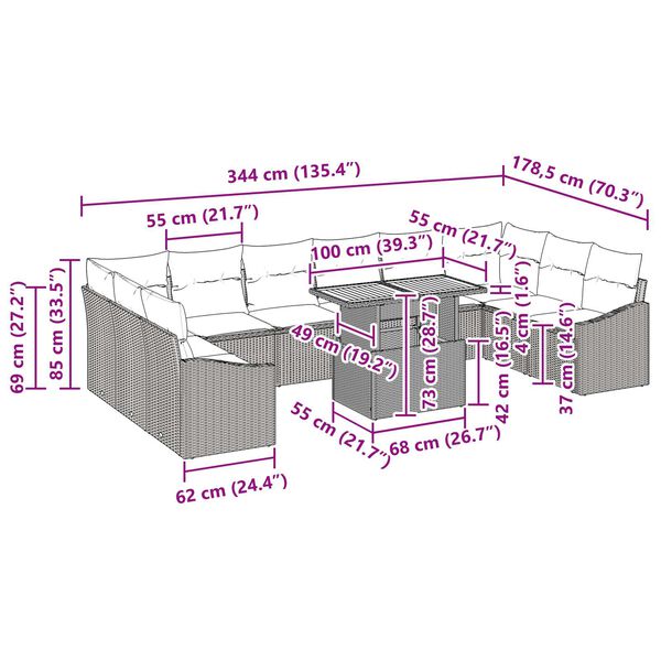 vidaXL Σετ Καναπέ Κήπου με αποθήκευση 11 pcs Γκρι Πολυ ράταν