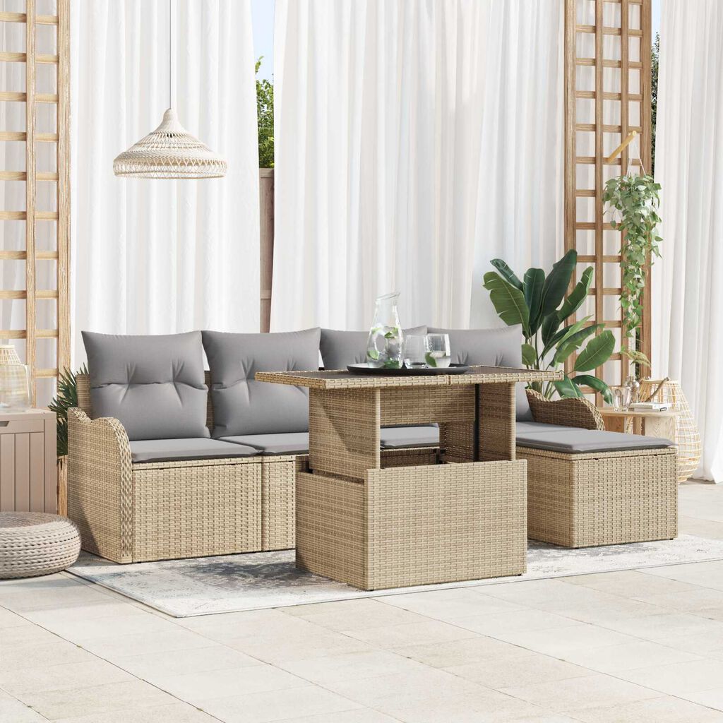 vidaXL Σετ Καναπέ Κήπου με μαξιλάρι 6 pcs Μπεζ Πολυ ράταν
