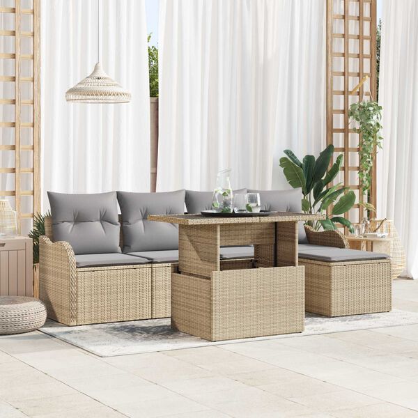 vidaXL Σετ Καναπέ Κήπου με μαξιλάρι 6 pcs Μπεζ Πολυ ράταν