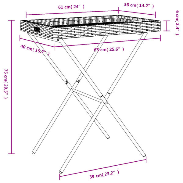 vidaXL Τραπέζι Δίσκος Πτυσσόμενο Γκρι 65x40x75 εκ. Συνθετικό Ρατάν