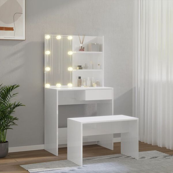vidaXL Μπουντουάρ Σετ με LED Γυαλιστερό λευκό από Επεξεργασμένο Ξύλο