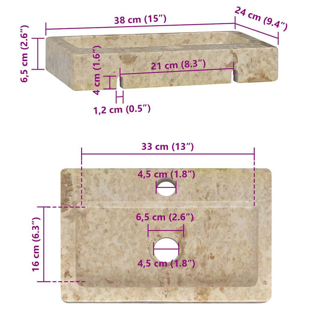 vidaXL Νιπτήρας Επιτοίχιος Κρεμ 38 x 24 x 6,5 εκ. Μαρμάρινος