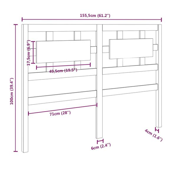 vidaXL Κεφαλάρι Κρεβατιού Γκρι 155,5 x 4 x 100 εκ. Μασίφ Ξύλο Πεύκου