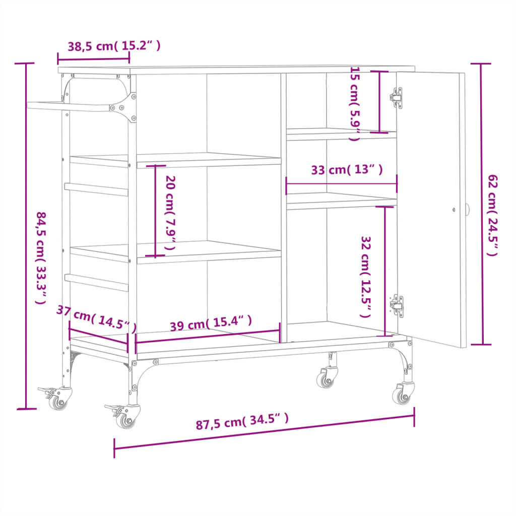vidaXL Τρόλεϊ Κουζίνας Καφέ Δρυς 87,5x38,5x84,5 εκ. Επεξ. Ξύλο