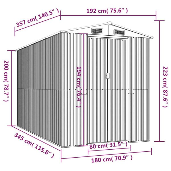 vidaXL Αποθήκη Κήπου Ανοιχτό γκρι 192x357x223 εκ. Γαλβανισμένο Ατσάλι