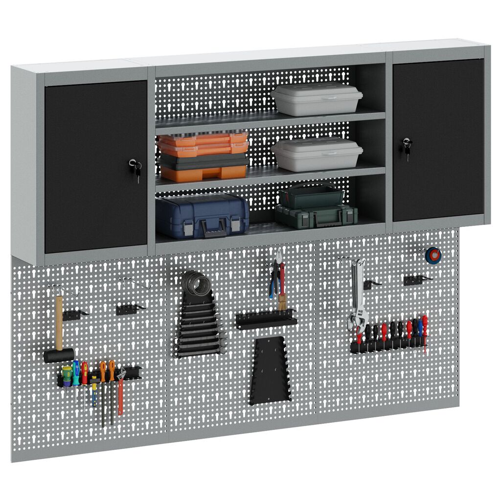 vidaXL Σετ Εργαλείων με 6 Τεμάχια και Πίνακα Pegboard Τοίχου Μαύρο Μέταλλο