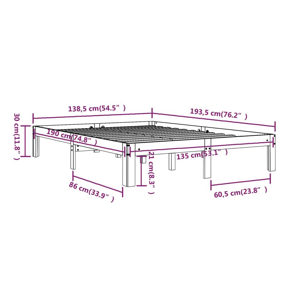 vidaXL Πλαίσιο Κρεβατιού 135 x 190 εκ. από Μασίφ Ξύλο Double