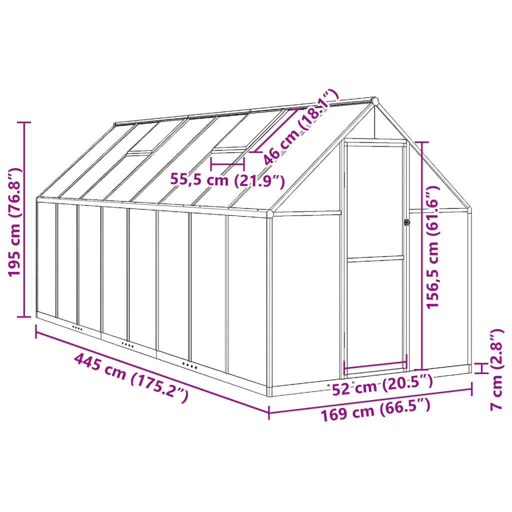 vidaXL Θερμοκήπιο με Πλαίσιο Βάσης Ασημί 445x169x195 εκ. Αλουμινίου