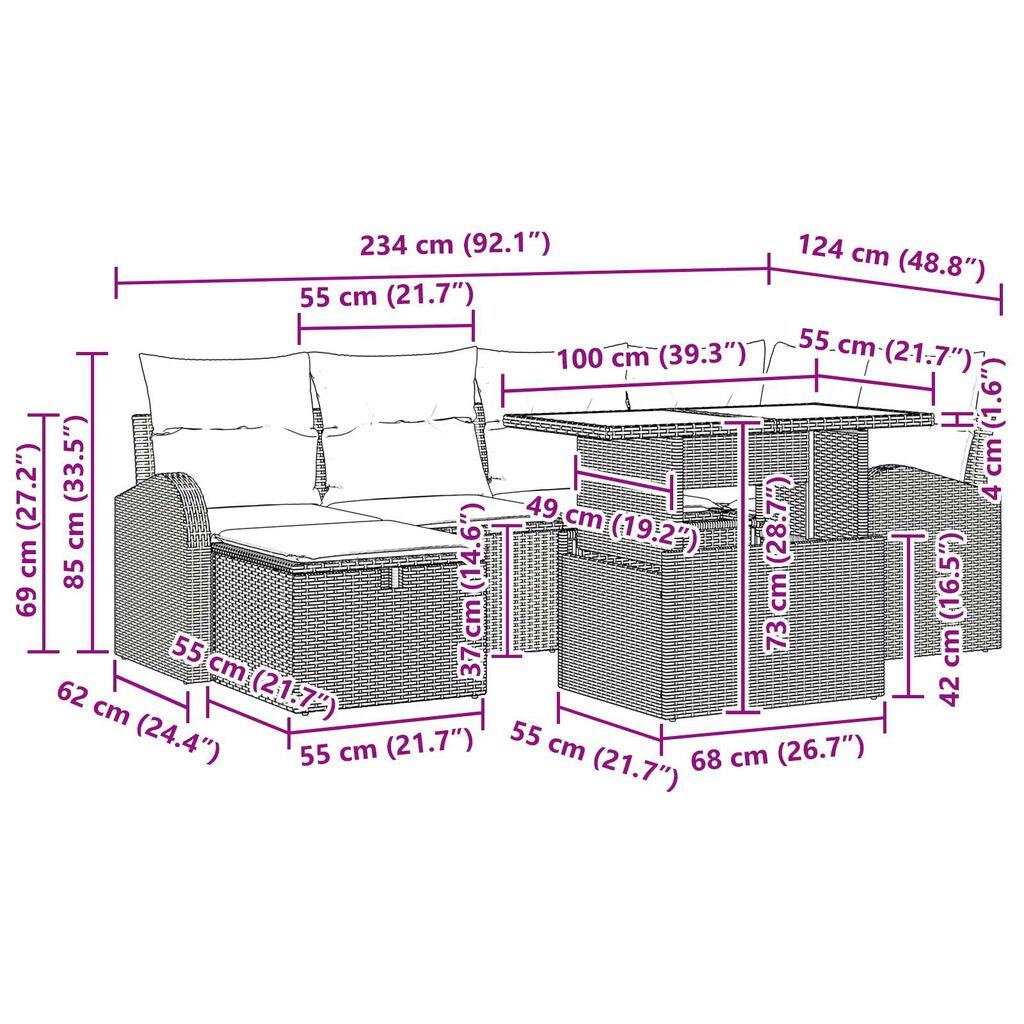 vidaXL Σετ Καναπέ Κήπου με μαξιλάρι 7 pcs Μαύρο Πολυ ράταν