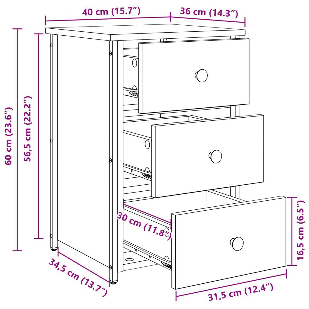 vidaXL Κομοδίνο με συρτάρι Μαύρη δρυς 40 x 36 x 60 εκ